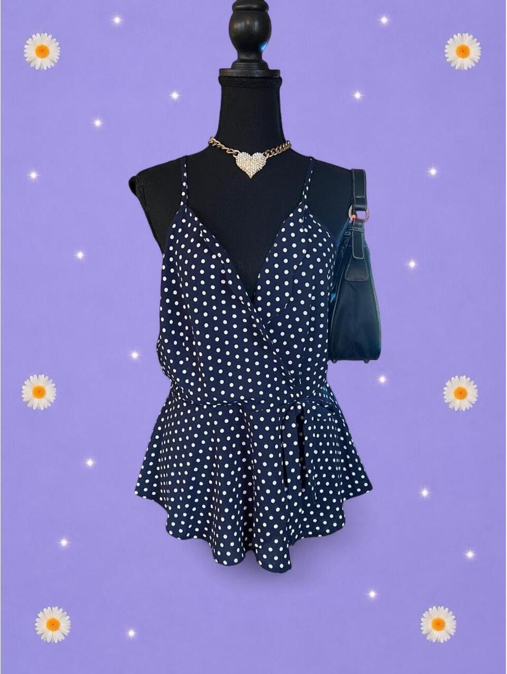 Vintage Y2K Coastal Preppy Polka Dot Babydoll Top size large